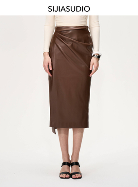 文咏珊同款设计师品牌SIJIA秋冬高腰光泽感一片式中长皮裙咖