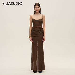 SIJIA 2025秋季新款高级显瘦气质修身微透咖色网纱吊带连衣裙