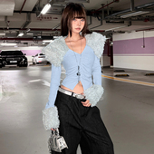 SylCue 上衣 t恤百搭短款 甜酷辣妹风时尚 毛毛拼接褶皱显瘦露脐长袖