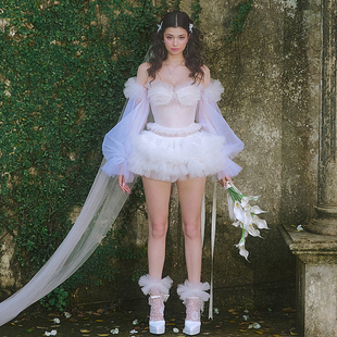 SylCue洛丽塔花园纯欲少女风网纱显瘦抹胸上衣蓬蓬花苞半身裙套装