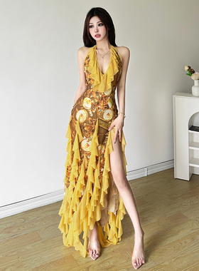 SylCue  法式风情辣妹荷叶边拼接挂脖连衣裙性感开叉百搭不规则裙