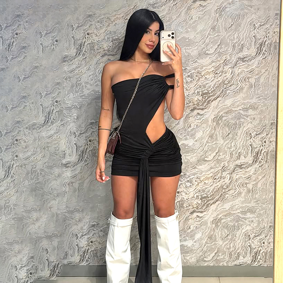 褶皱显瘦一字肩连衣裙飘带包臀裙