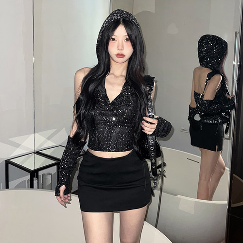 拽酷辣妹风亮片性感连帽背心女