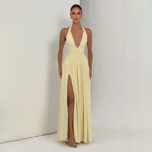 SylCue 古希腊女神复古风褶皱深V领挂脖连衣裙收腰开叉百搭长裙子