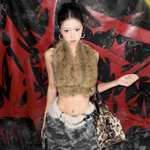 毛毛拼接挂脖吊带百搭显瘦露脐无袖 SylCue 时髦拽酷辣妹时尚 背心