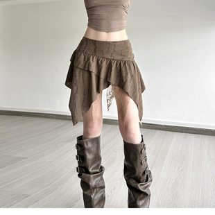 SylCue 不规则短裙子 千禧辣妹风蕾丝拼接高腰显瘦半身裙百搭个性