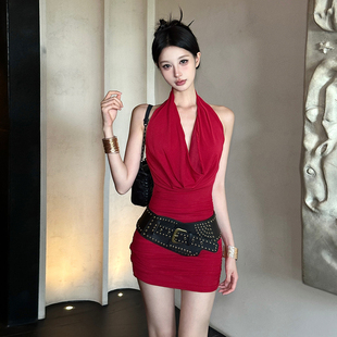 SylCue 显瘦挂脖连衣裙收腰百搭气质包臀裙女 性感辣妹风荡领修身