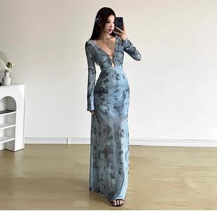 SylCue 连衣裙女 纯欲辣妹风设计感蝴蝶印花复古扎染性感镂空长袖