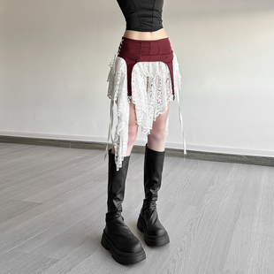 SylCue 时尚辣妹蕾丝拼接显瘦高腰半身裙百搭荷叶边流苏不规则裙