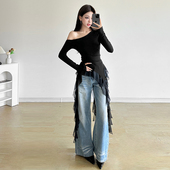 长袖 SylCue 御姐风黑色斜肩修身 t恤荷叶边拼接百搭不规则外穿上衣