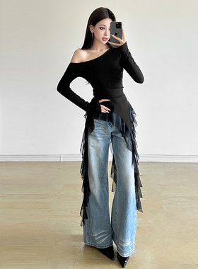 SylCue 御姐风黑色斜肩修身长袖t恤荷叶边拼接百搭不规则外穿上衣