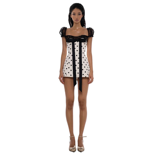 SylCue 高级感蕾丝拼接蝴蝶结波点印花连衣裙收腰百搭短裙女 法式