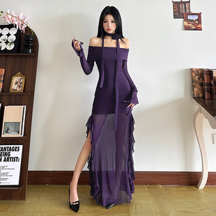 开叉显瘦长裙女 连衣裙修身 SylCue 紫色韵味浪漫荷叶边一字肩长袖