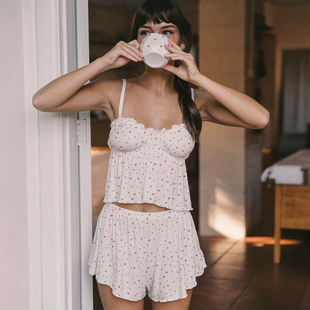 SylCue 女 放松时刻居家舒适慵懒风爱心印花波浪花边吊带背心短裤