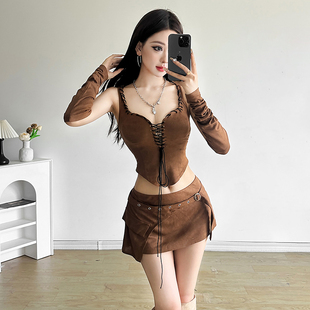 SylCue 套高腰显瘦半身裙 美德拉性感辣妹风V领绑带吊带背心女带袖