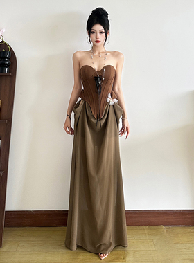 SylCue 古希腊女神复古vintage百搭束腰抹胸连衣裙镂空显瘦长裙子