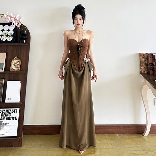 鱼骨束腰抹胸连衣裙镂空显瘦长裙