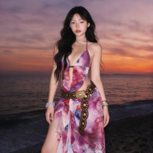 SylCue 海边沙滩辣妹度假扎染印花性感大露背挂脖连衣裙荷叶边裙