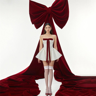 SylCue 气质优雅蝴蝶结抹胸连衣裙掐腰显瘦A字裙名媛晚礼短裙 法式