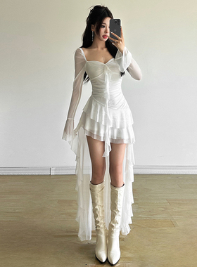 SylCue 仙气飘飘网纱拼接V领长袖连衣裙收腰显瘦荷叶边不规则短裙