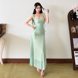 SylCue 显瘦吊带连衣裙百搭辣妹长裙 恋爱告急小清新风荷叶边修身