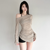 SylCue 早秋纯色简约百搭斜肩长袖 t恤褶皱显瘦遮肉不规则打底上衣