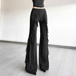 百搭微喇裤 时尚 时髦拽酷辣妹荷叶边拼接高腰显瘦休闲长裤 SylCue