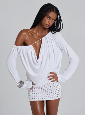 SylCue 美式辣妹风烫钻镂空斜领露肩长袖连衣裙大露背显瘦包臀裙