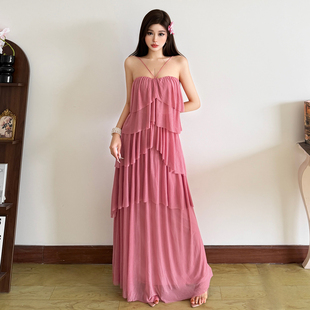 显瘦度假风长裙 初恋白月光层次感露肩挂脖连衣裙修身 SylCue 法式