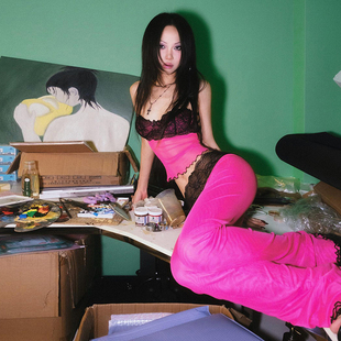 SylCue 欧美辣妹风蕾丝拼接纯欲吊带背心高腰显瘦喇叭裤休闲套装