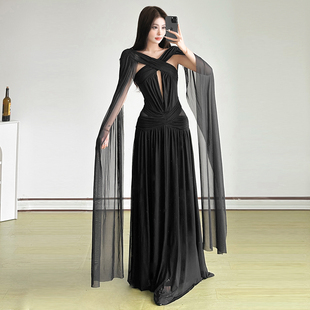 SylCue V领连衣裙收腰百搭长裙女 高冷御姐风黑色网纱拼接飘带修身