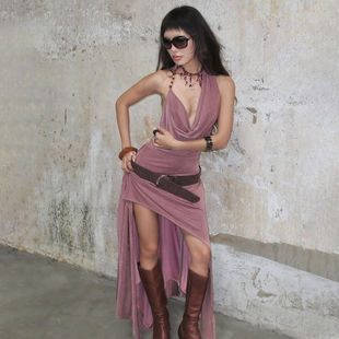 SylCue 复古风气质迷人荡领显瘦吊带连衣裙收腰性感不规则短裙女