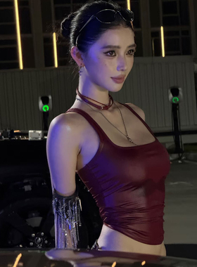 SylCue 酷飒辣妹机车风红色紧身显瘦吊带背心百搭露脐不规则上衣