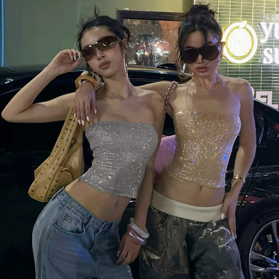 辣妹露腰修身满钻无肩带抹胸上衣