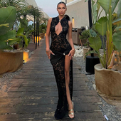 SylCue 欧美辣妹ins风黑色蕾丝透视性感镂空无袖 连衣裙开叉包臀裙