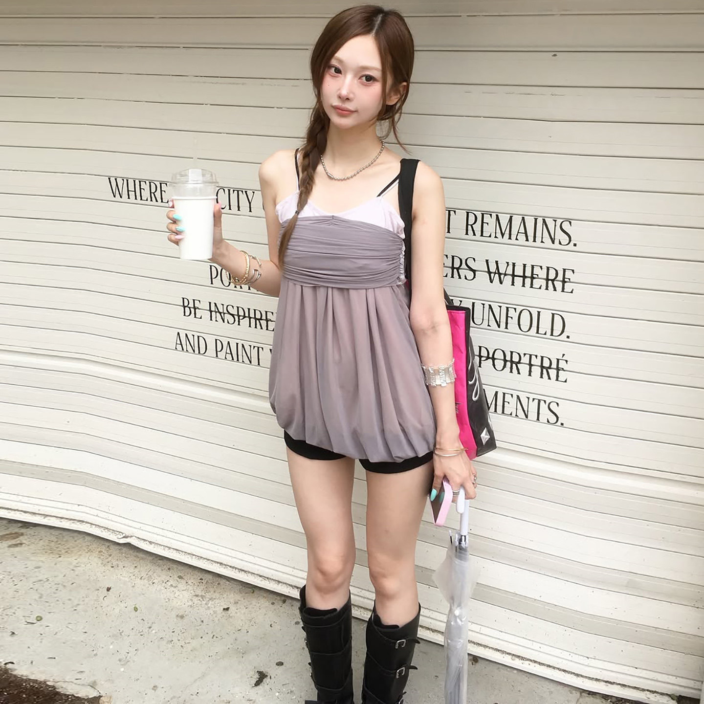 SylCue 韩系撞色褶皱花苞吊带连衣裙女宽松遮肉蓬蓬无袖甜辣短裙