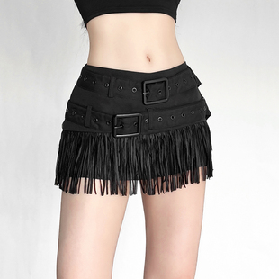 SylCue 潮酷辣妹设计感流苏高腰显瘦半身裙百搭收腰气质短裙 个性