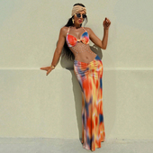 SylCue 罗马假日 纯欲性感镂空晕染印花挂脖连衣裙显瘦包臀长裙子