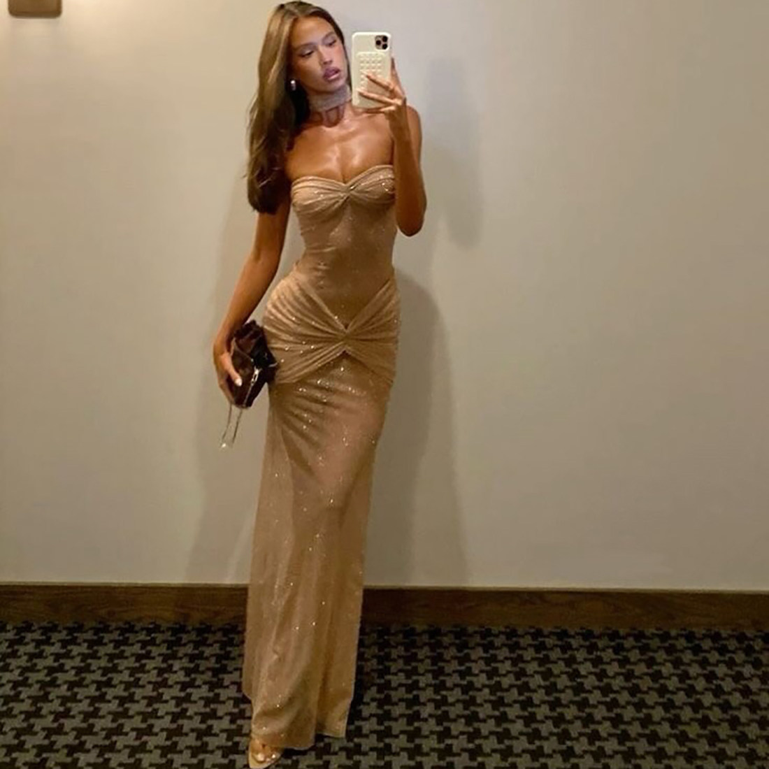 SylCue 财阀千金辣妹风亮闪闪褶皱修身显瘦抹胸连衣裙晚礼服长裙