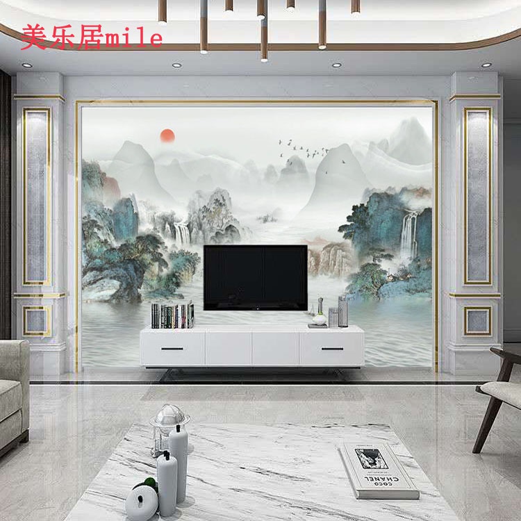 新中式3d客厅电视瓷砖背景墙现代轻奢式山水石材大板造型影视墙.