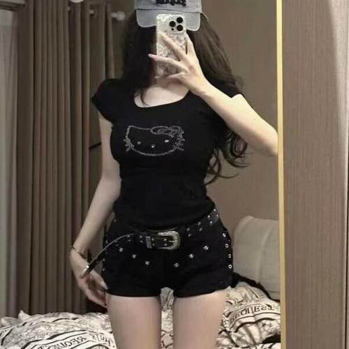 维多利亚弹力牛仔裤高腰显瘦黑色裤子紧身短裤直筒阔腿热裤女夏季