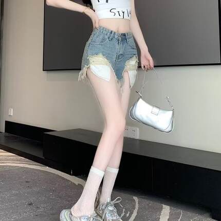 维多利亚年夏季牛仔布高腰浅色辣妹破洞流苏毛边牛仔裤女夏短裤