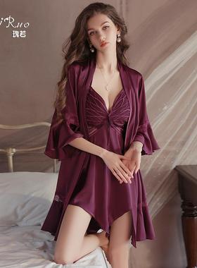维多利亚性感女睡衣纯欲深V加胸垫甜美蝴蝶睡裙外袍家居套装P3945