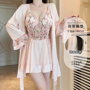 维多利亚深V加胸垫睡衣纯欲冰丝性感双层网纱吊带裙外袍套装 M5516