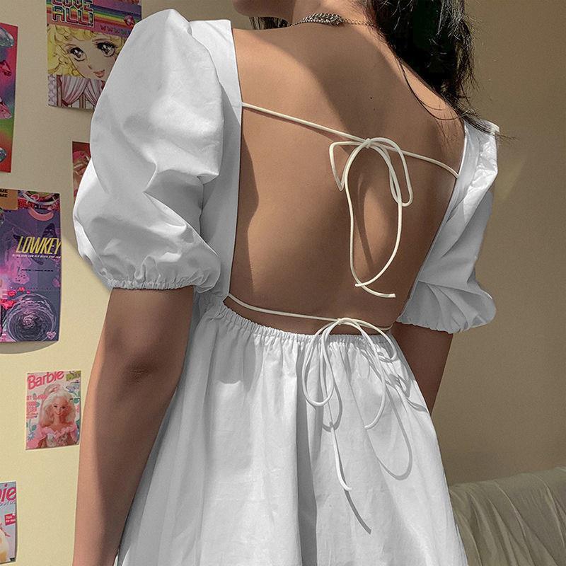 Summer Women Sexy Short Puff Sleeve Backless Dress Holiday