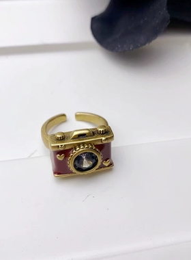 红色珐琅滴釉相机开口戒指女复古小众独特指环新年氛围感食指戒子