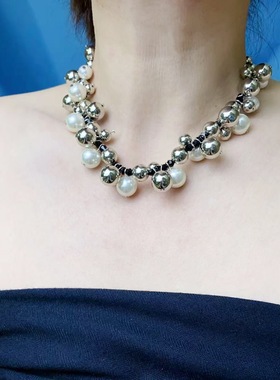 新款银色拼色珍珠项链大小拼接串珠毛衣链衣服配饰锁骨链百搭时尚