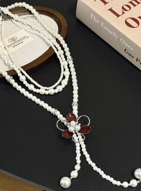 法式多层滴油红色花朵珍珠项链女轻奢高级感小众时尚气质毛衣链潮