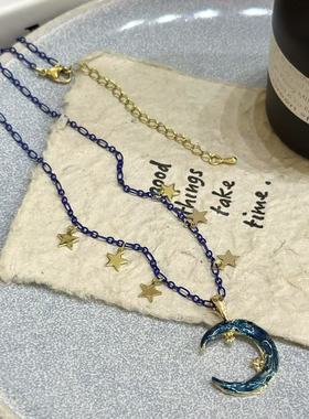 辣妹精致星星流苏吊坠锁骨链满天星蓝色月亮吊坠毛衣链月牙项链女