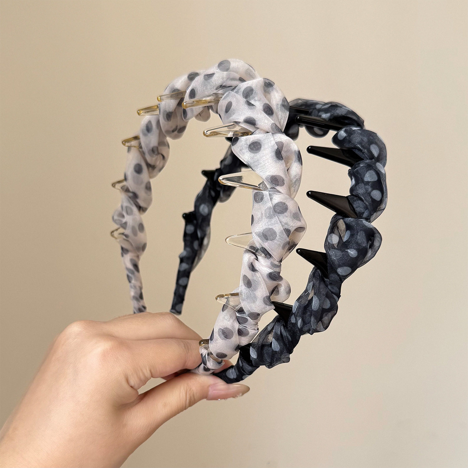 法式波点网纱齿梳发箍女气质高颅顶防滑头箍遮发缝蓬松压发捆头饰